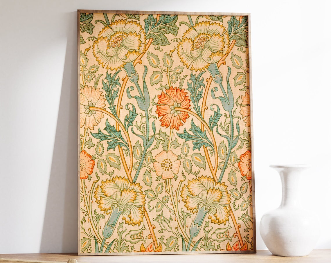 William Morris Style Vintage Botanical Carnation Pattern Art Print