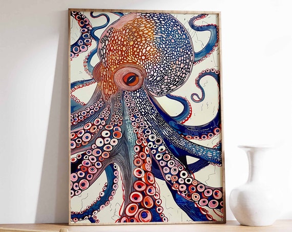 Octopus Vintage Sea Life Art Print, Ocean Decor