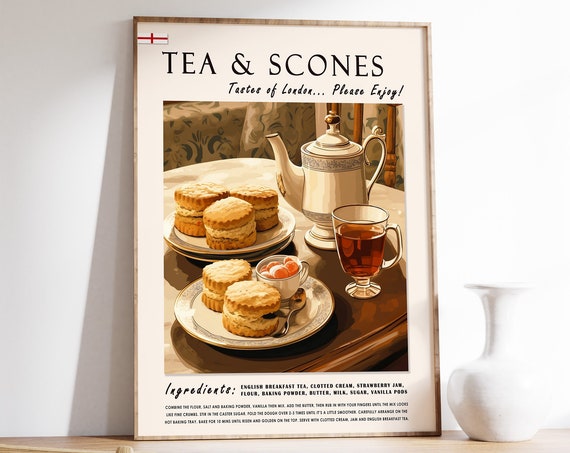 British Tea And Scones Poster British Food Print English Food Poster Kitchen Print Kitchen Decor Baking Poster Food Drink Art