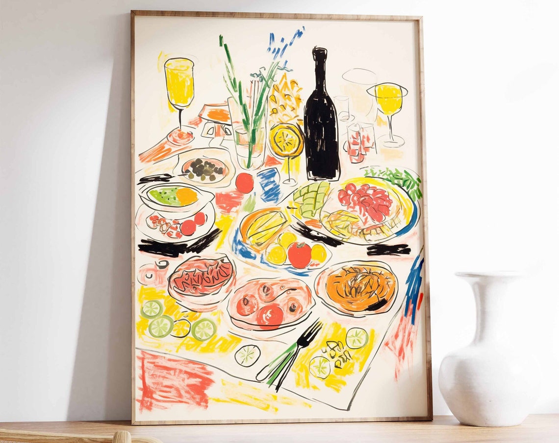 Italian Dinner Table Feast Food Still Life Abstract Kitchen Art Poster