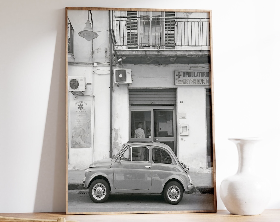 Vintage Italian Car Print, Black And White Poster