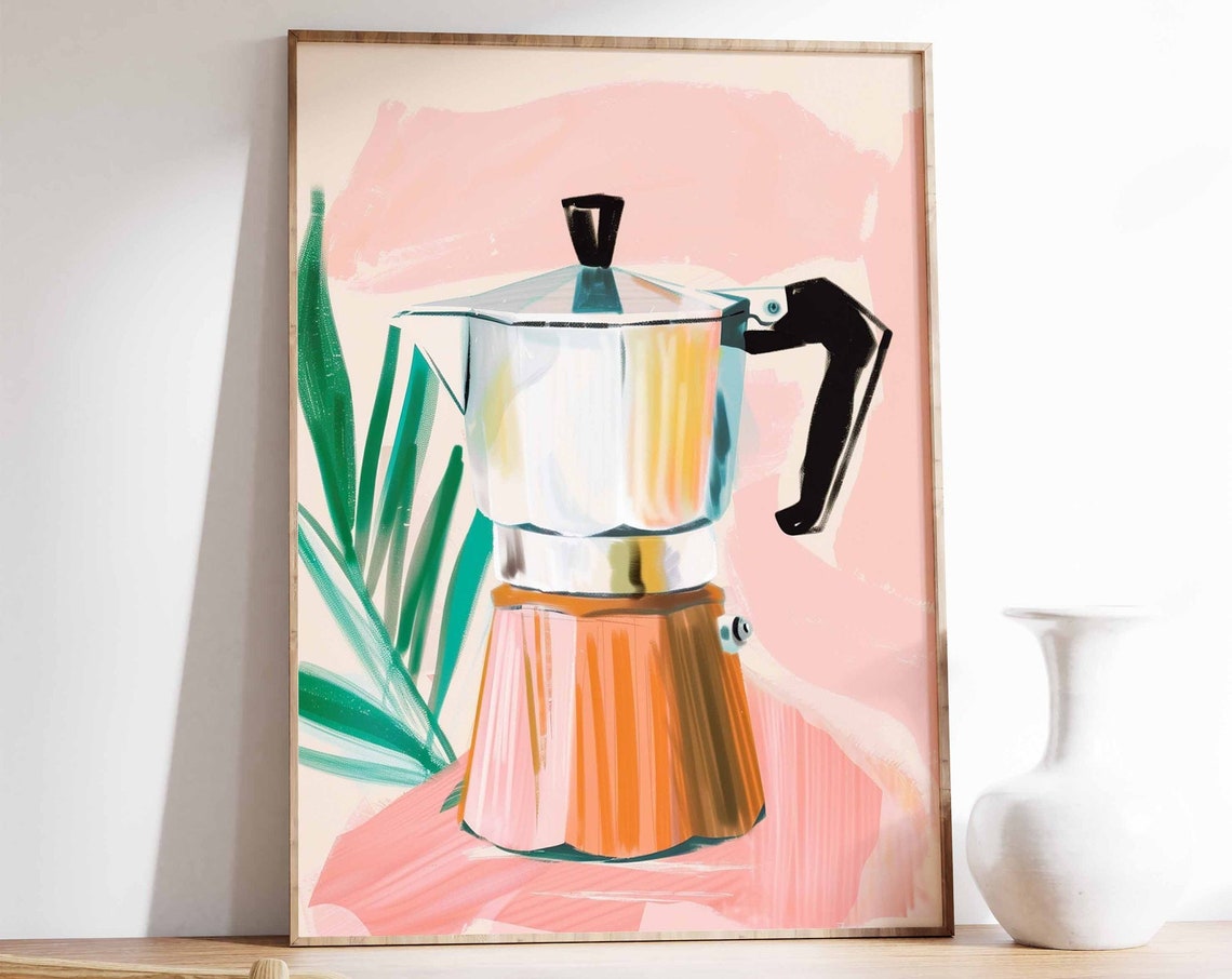 Modern Moka Pot Coffee Poster Pink Pop Art Kitchen Decor Gift