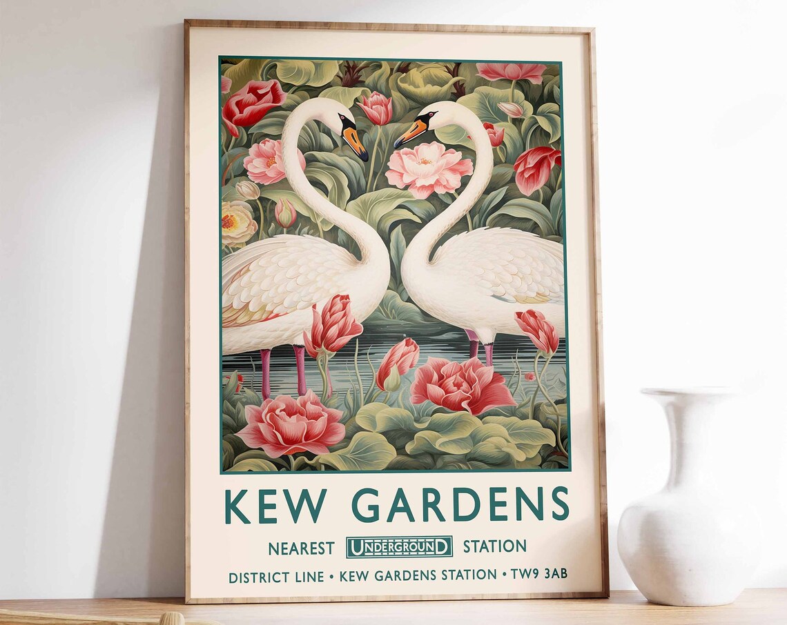 Kew Gardens London Swans Lotus Vintage Underground Travel Poster