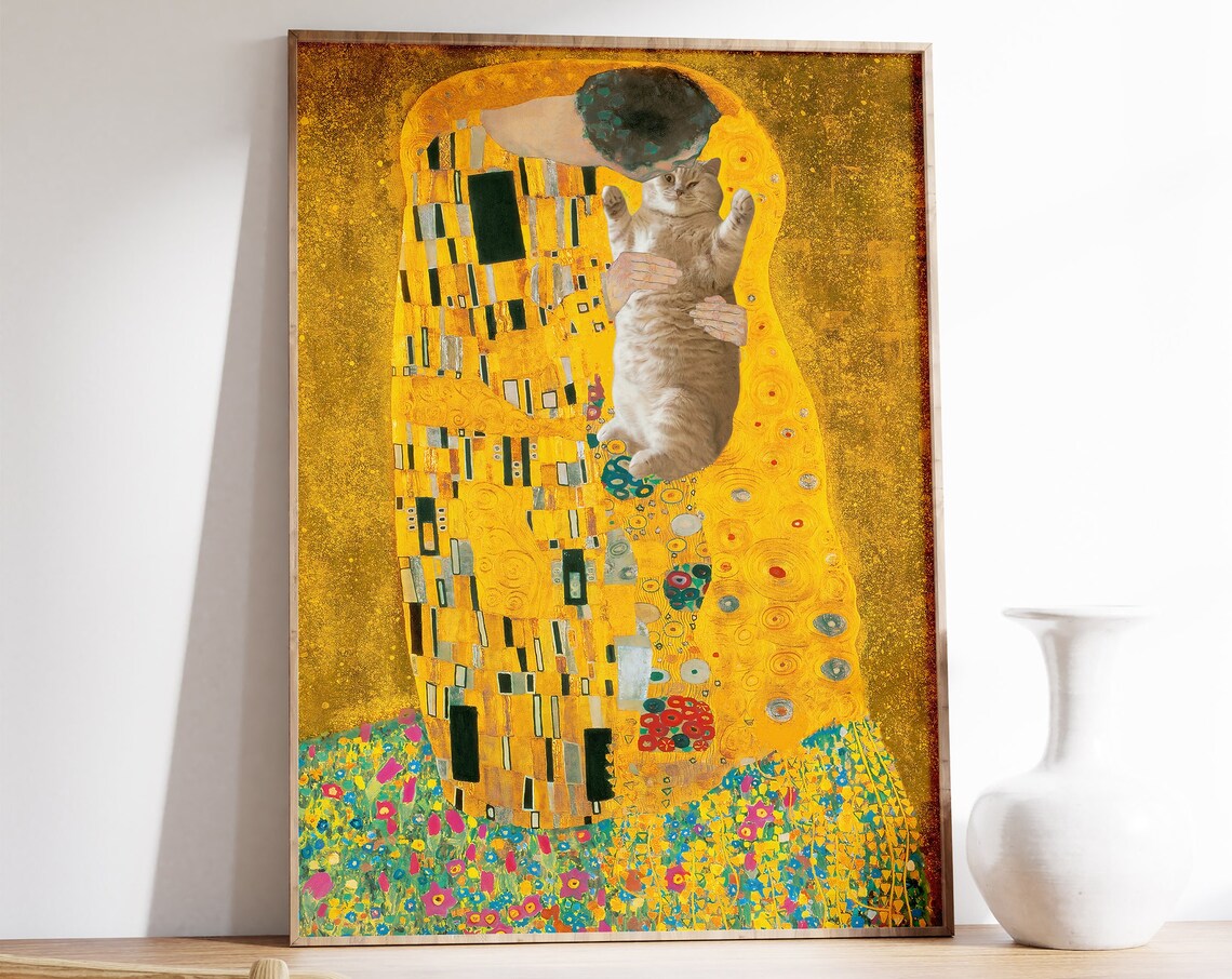 Klimt Cat Poster, The Kiss Floral Art Print