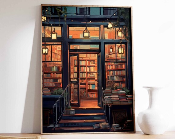 Cozy Night Bookstore Storefront Warm Lantern Light Book Shop Poster