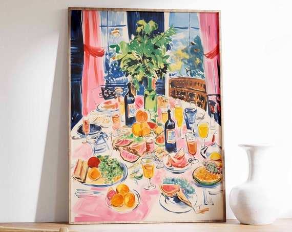 Retro Dinner Party Food Art Print, Vintage Kitchen Decor