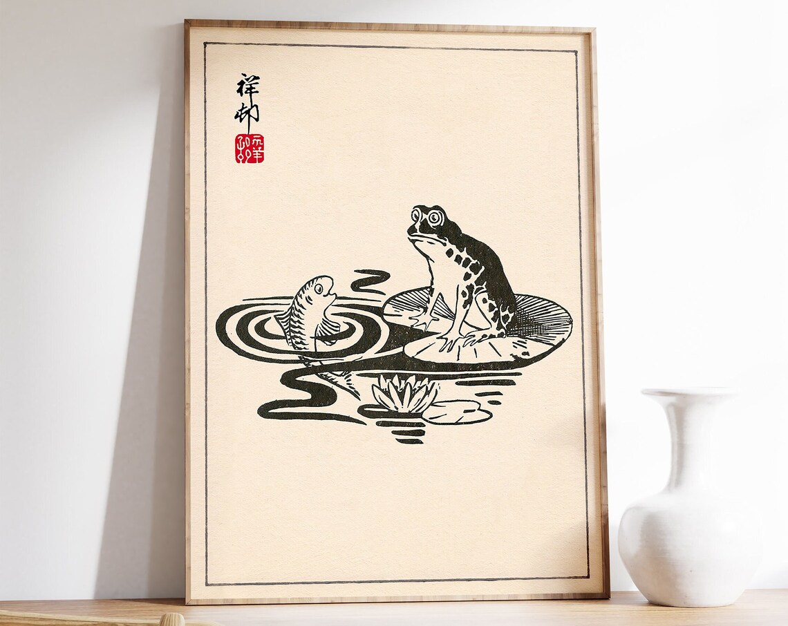 Japanese Frog and Fish Woodblock Style Vintage Animal Art Poster