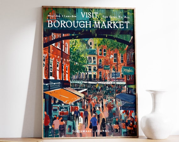 Borough Market Vintage Travel Poster, London Botanical Decor