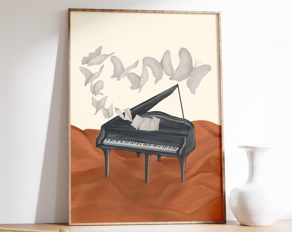 Black Grand Piano Flying Sheet Music Illustrated Music Art Poster
