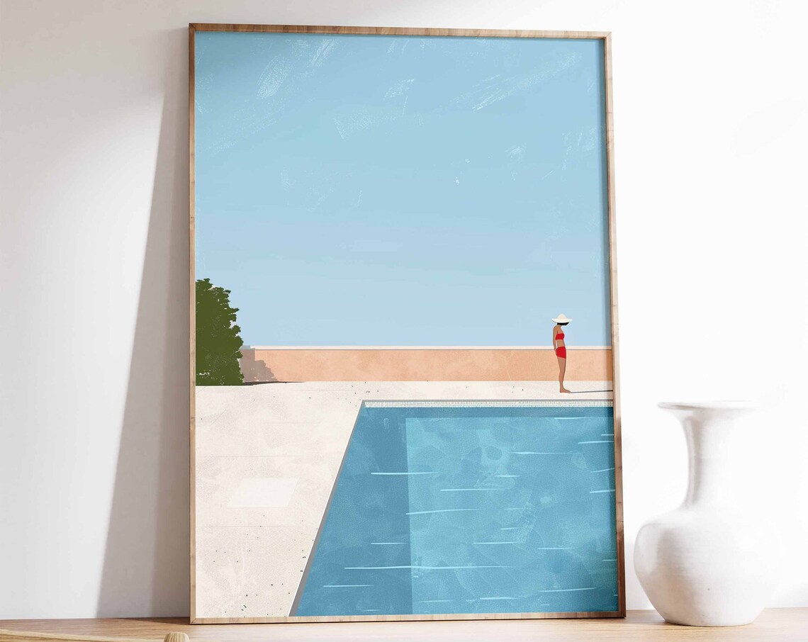 Serene Minimalist Swimming Pool Summer Bather Blue Wall Art Decor