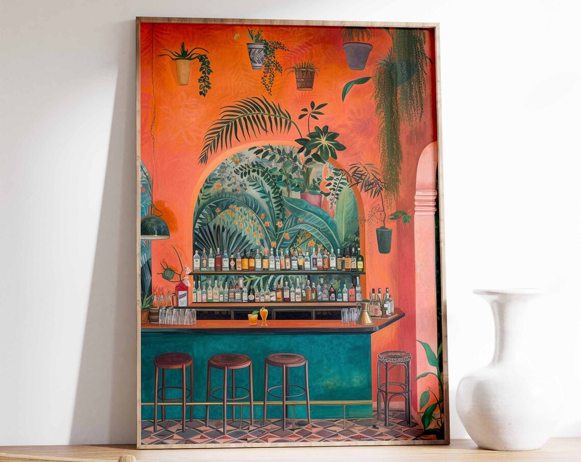Retro Tropical Cocktail Bar Bottles and Palms Home Decor Poster