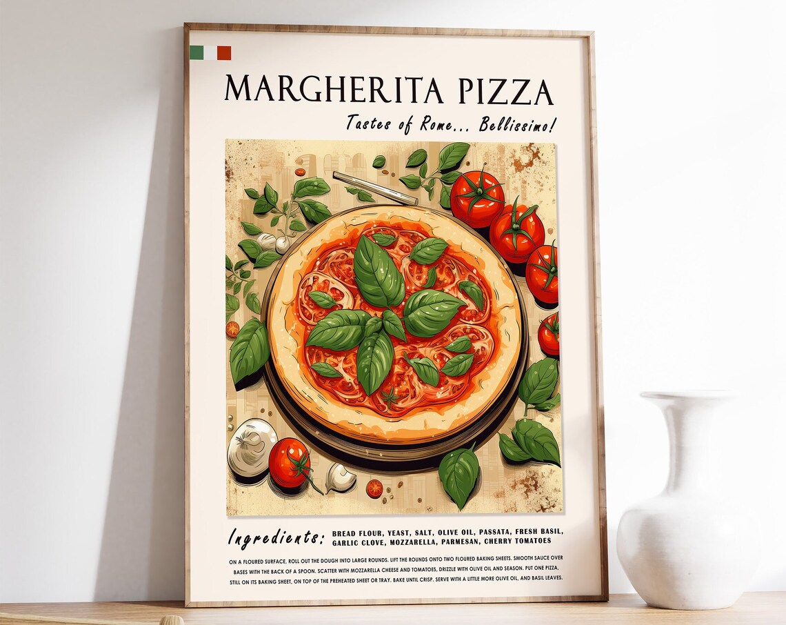 Margherita Pizza Recipe Tastes of Rome Vintage Italian Kitchen Poster