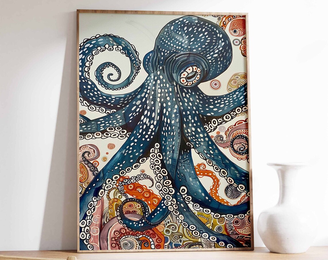 Large Blue Octopus Colorful Sea Life Pattern Beautiful Wall Art