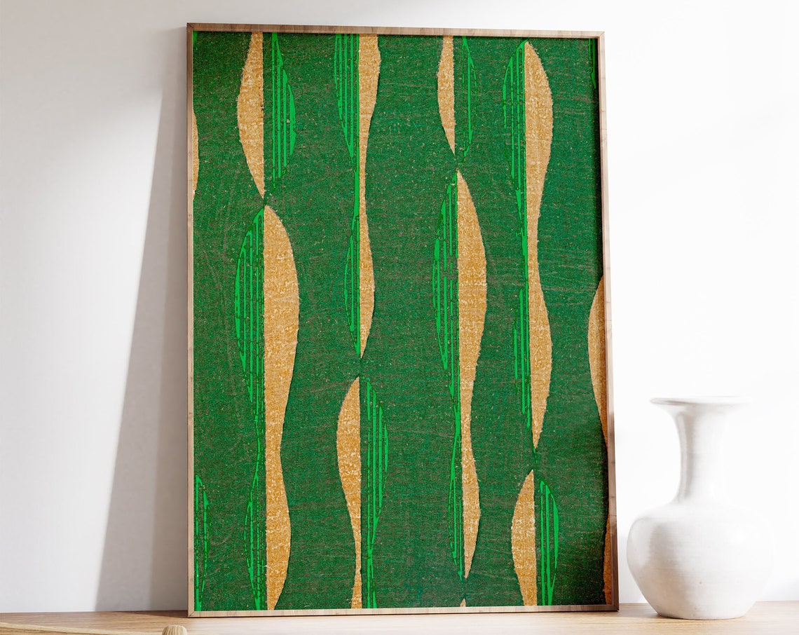 Japanese Woodblock Style Abstract Emerald Green Gold Waves Art Poster