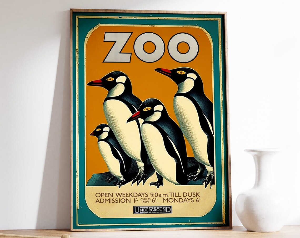 Vintage London Zoo Poster, Penguin Travel Poster