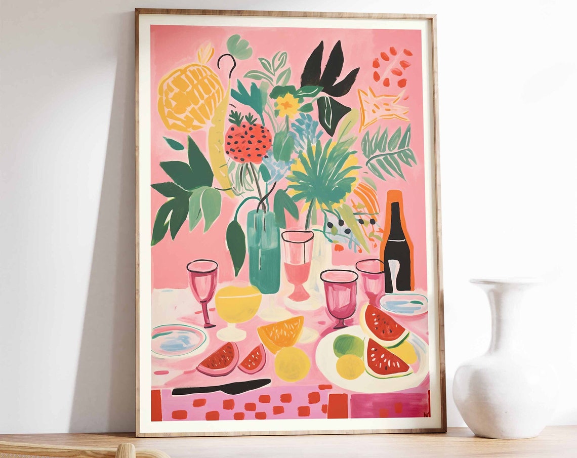 Pink Dinner Party Table With Fruit Painterly Kitchen Art Poster