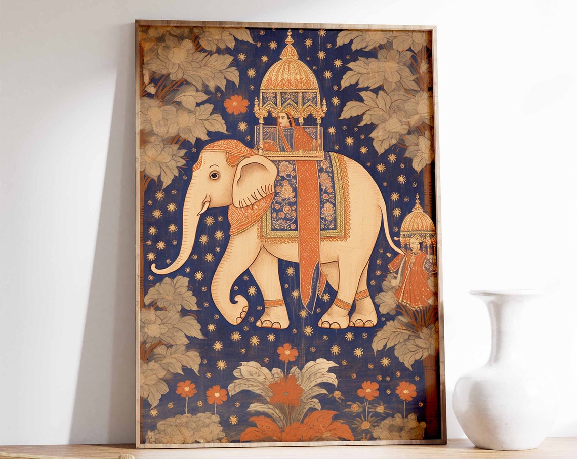 Indian Royal Elephant Procession Art Poster With Miniature Style