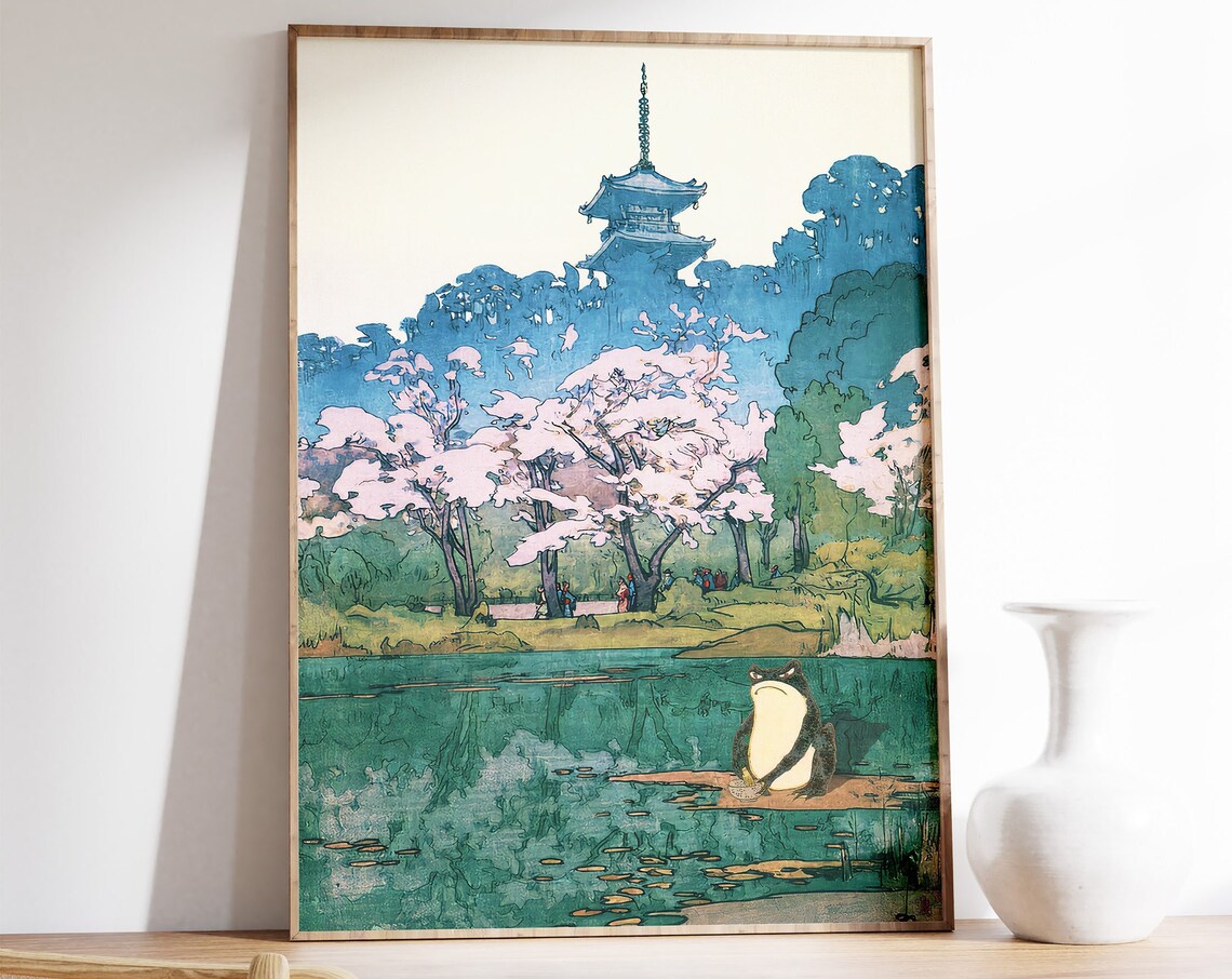 Japanese Frog Print Woodblock Style Cherry Blossom Pagoda Pond