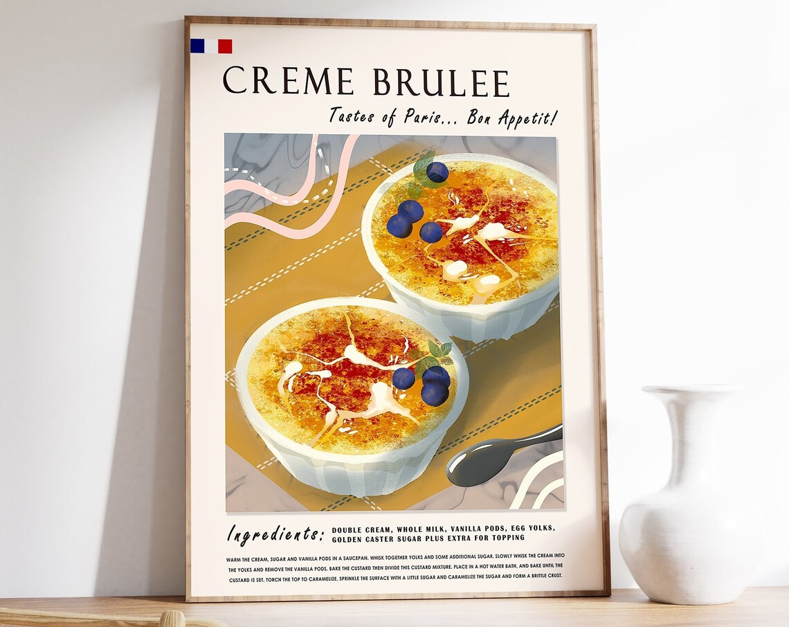 Creme Brulee Print French Dessert Recipe Art Paris Kitchen Decor