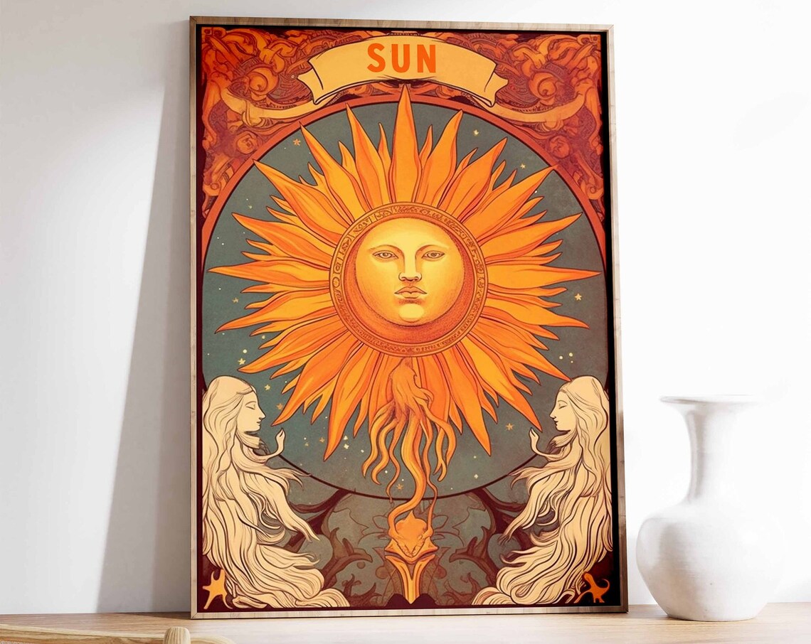Retro Art Nouveau Sun Face Golden Orange Vintage Celestial Print