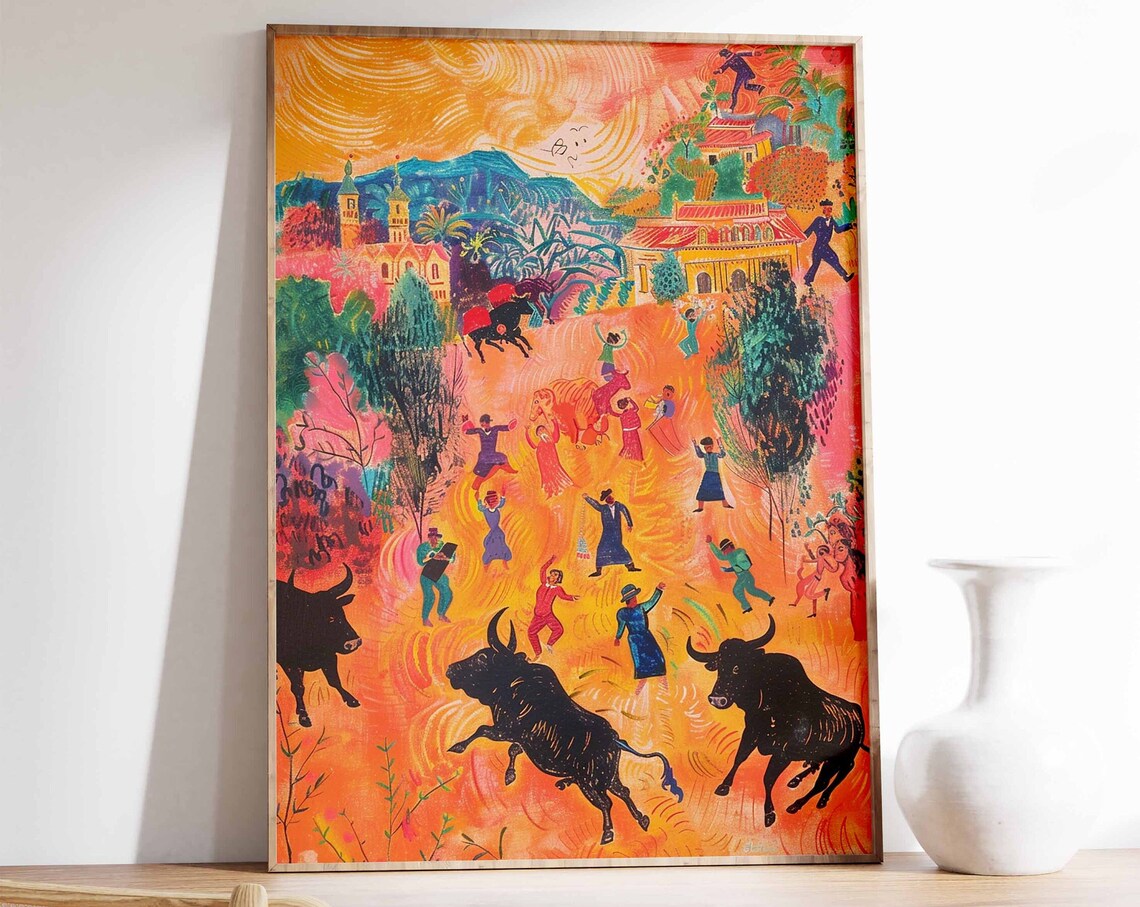 Running of the Bulls Spanish Festival Folk Art Celebration Poster