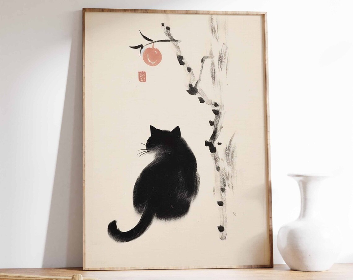 Japanese Black Cat Persimmon Ink Painting Minimalist Art Poster