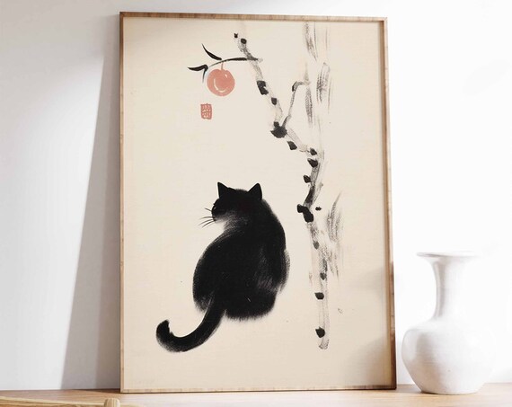 Japanese Black Cat Persimmon Ink Painting Minimalist Art Poster