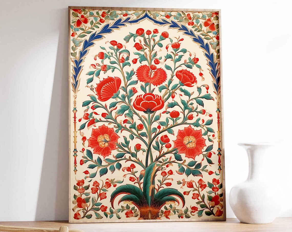 Red Indian Tree of Life Floral Arch Traditional Botanical Art Poster