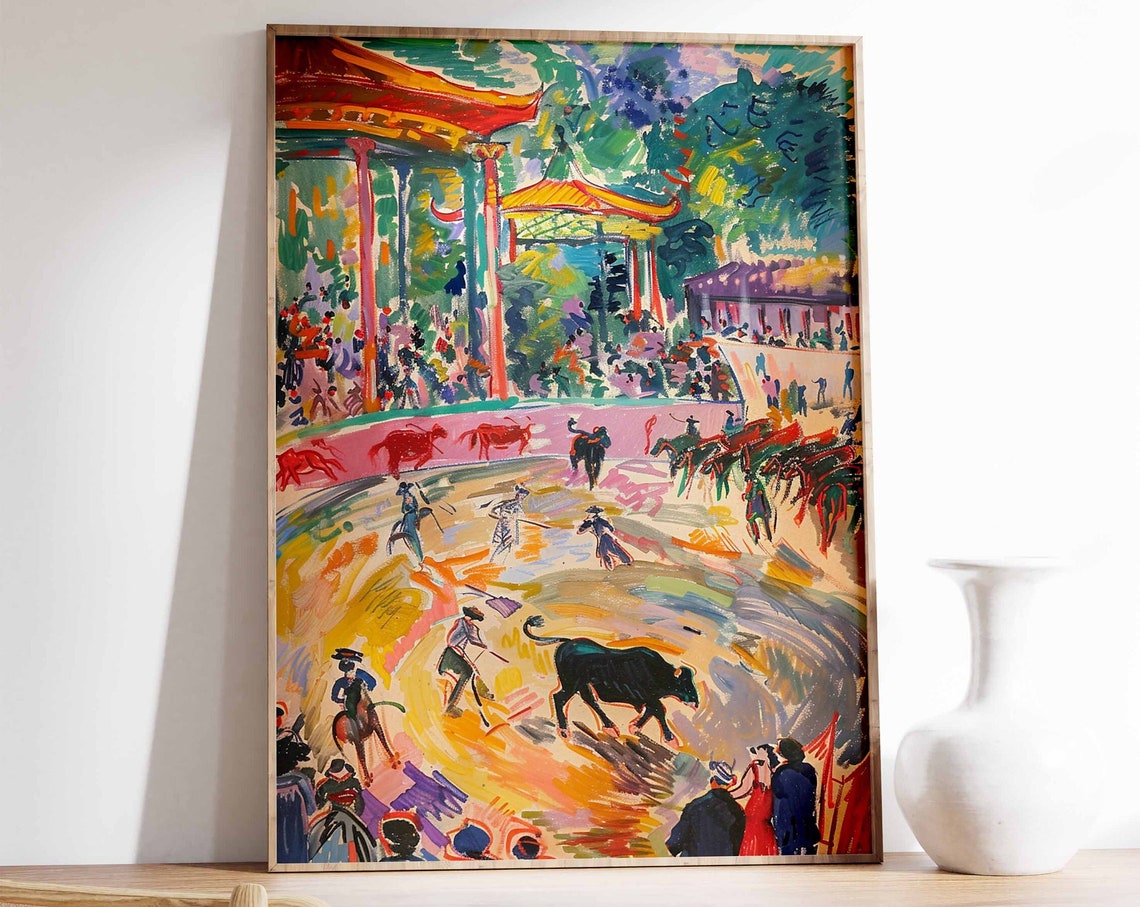 Spanish Bullfight Arena Expressionist Painting Bold Colorful Poster