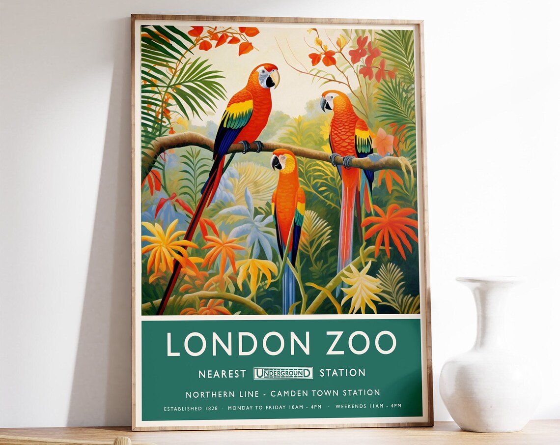 London Zoo Scarlet Macaw Parrots Underground Travel Art Poster Gift