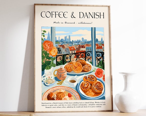 Coffee Poster Danish Pastry Food Poster Dessert Print Cooking Poster Baking Print Kitchen Decor Vintage Food Print Food Gift