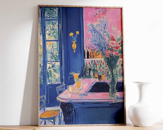 Colorful Fauvist Cocktail Bar Blue Pink Parisian Bar Scene Poster