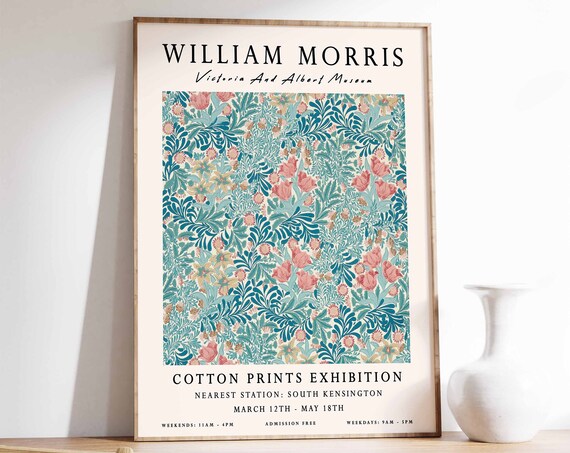 William Morris Teal Pink Floral Museum Exhibition Style Art Poster