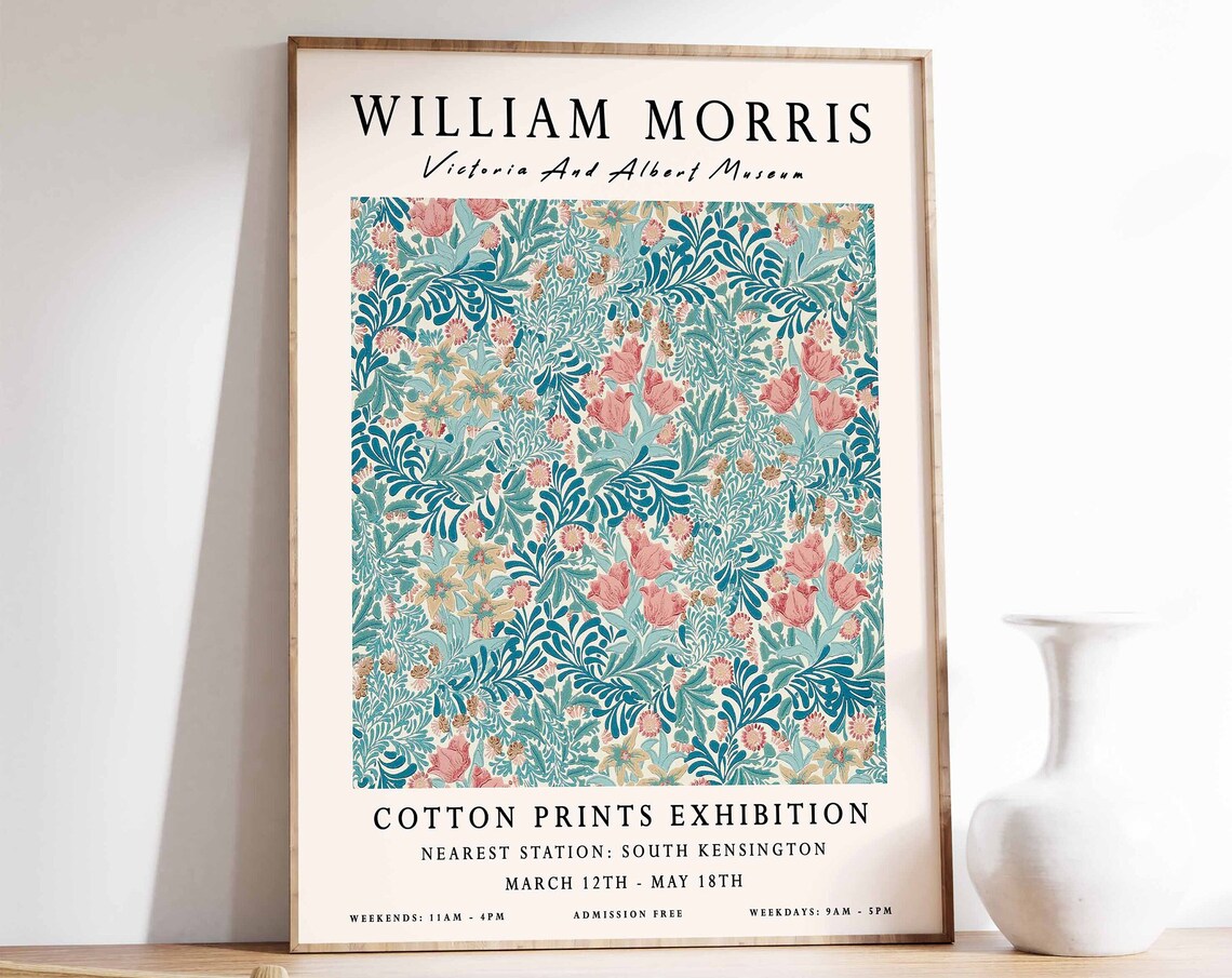 William Morris Teal Pink Floral Museum Exhibition Style Art Poster