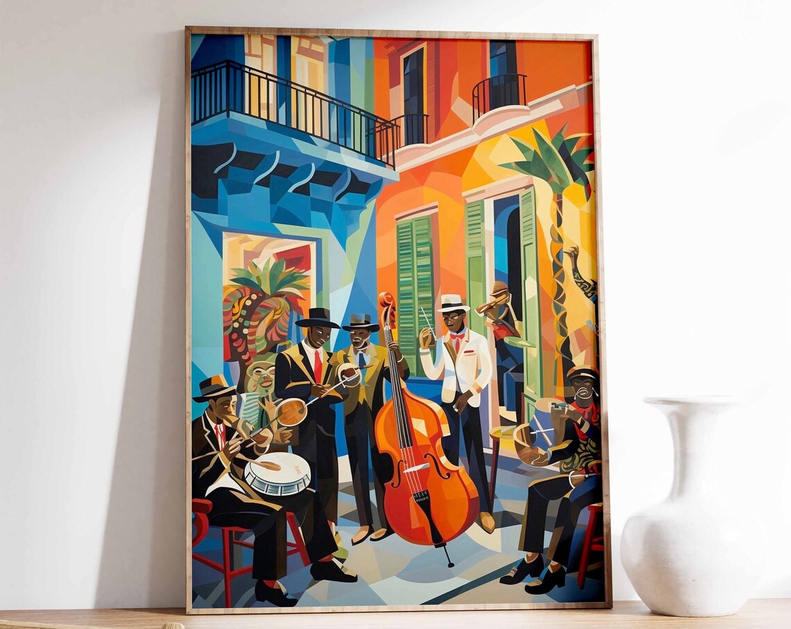Vibrant Street Jazz Band Colorful Musicians Illustration Poster
