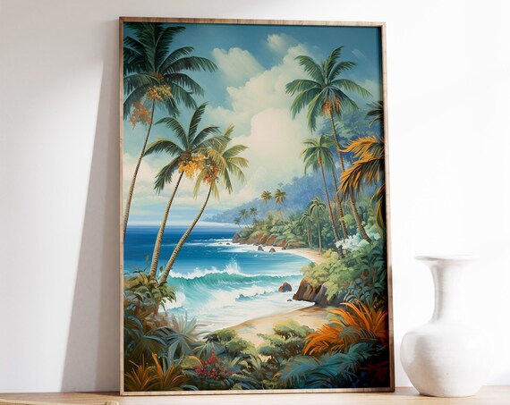 Caribbean Tropical Beach Palm Trees Ocean Wave Vintage Travel Poster