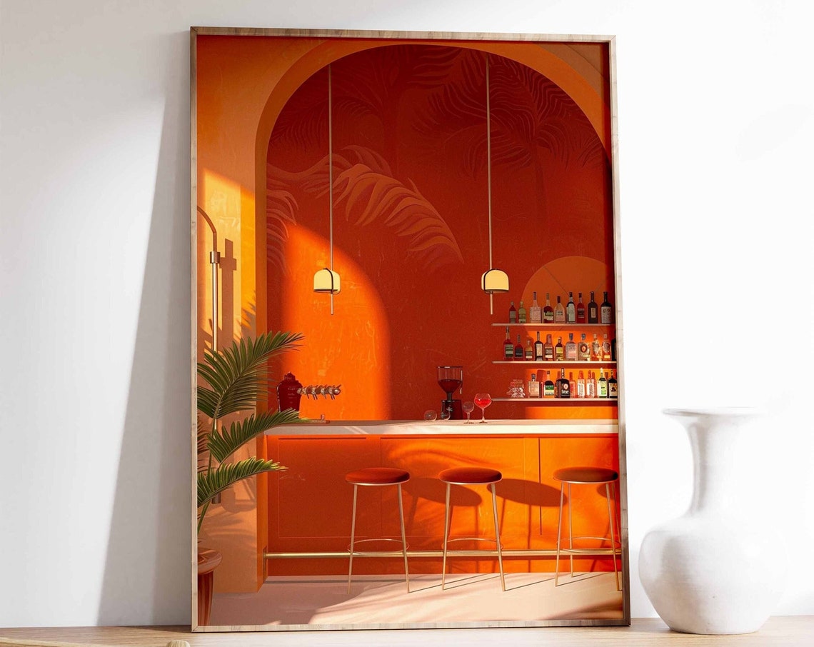 Retro Orange Cocktail Bar Interior Bottles Modern Bar Decor Poster