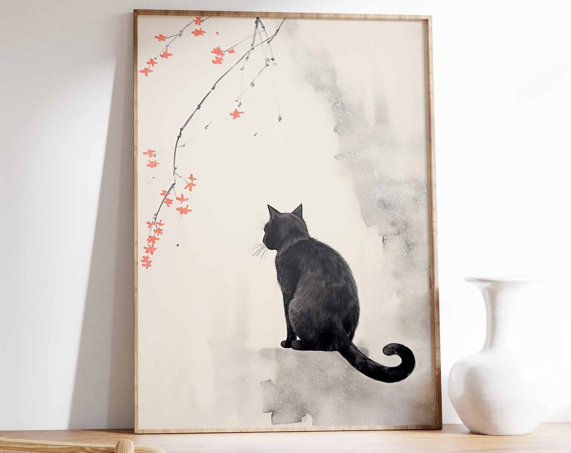 Japanese Black Cat Watching Red Maple Branch Ink Wash Poster