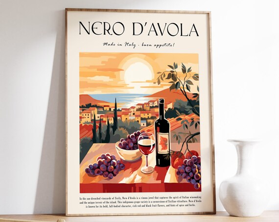 Nero d'Avola Sicilian Wine Sunset Vineyard Italian Travel Poster