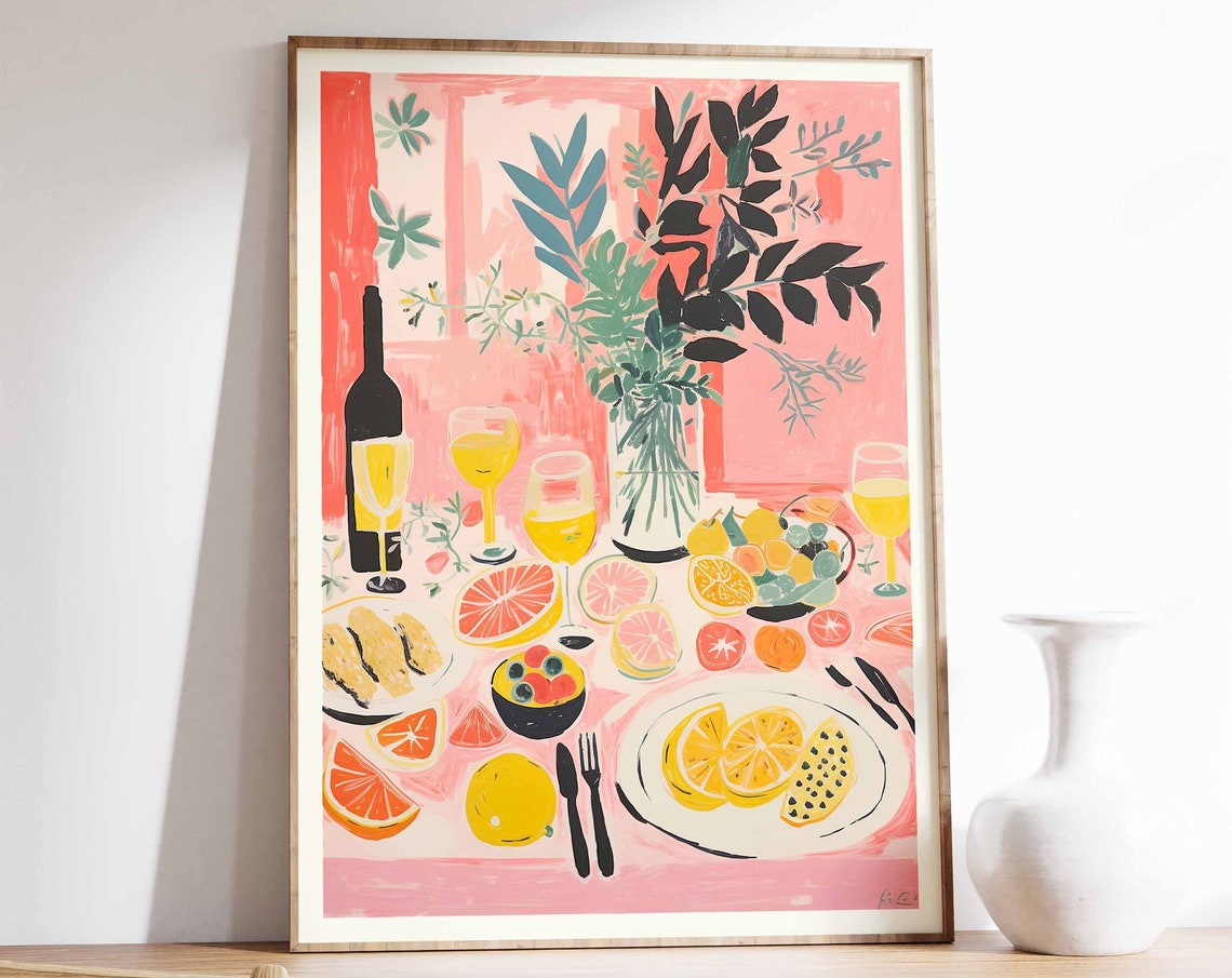 Pink Brunch Table with Citrus Wine and Pastries Kitchen Poster