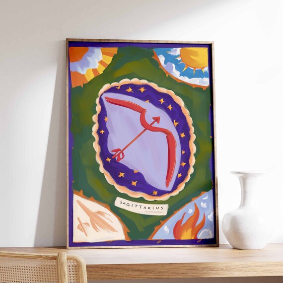 Sagittarius Zodiac Bow Arrow Green Purple Medallion Art Poster