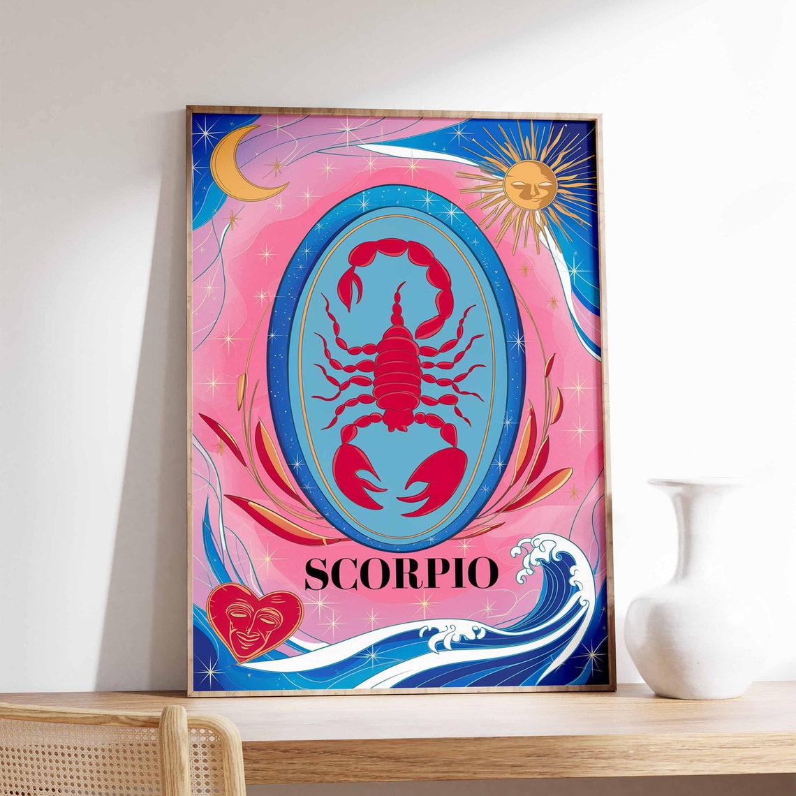 Scorpio Zodiac Scorpion Pink Blue Oval Sun Moon Wave Art Poster