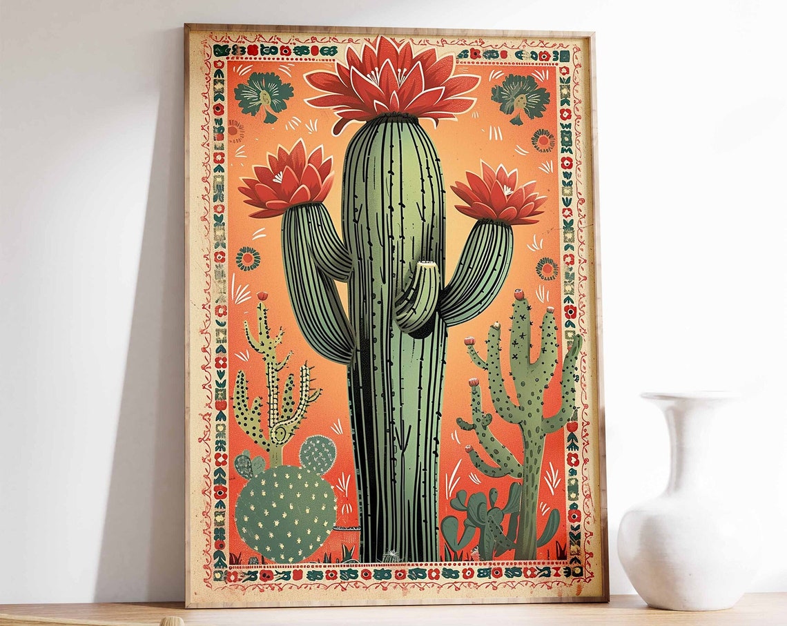 Mexican Folk Art Blooming Cactus Orange Sunset Desert Plant Poster