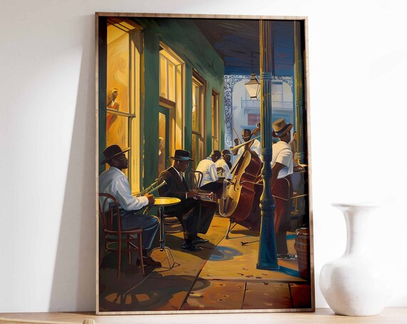 New Orleans Jazz Street Musicians Vintage Night Scene Poster