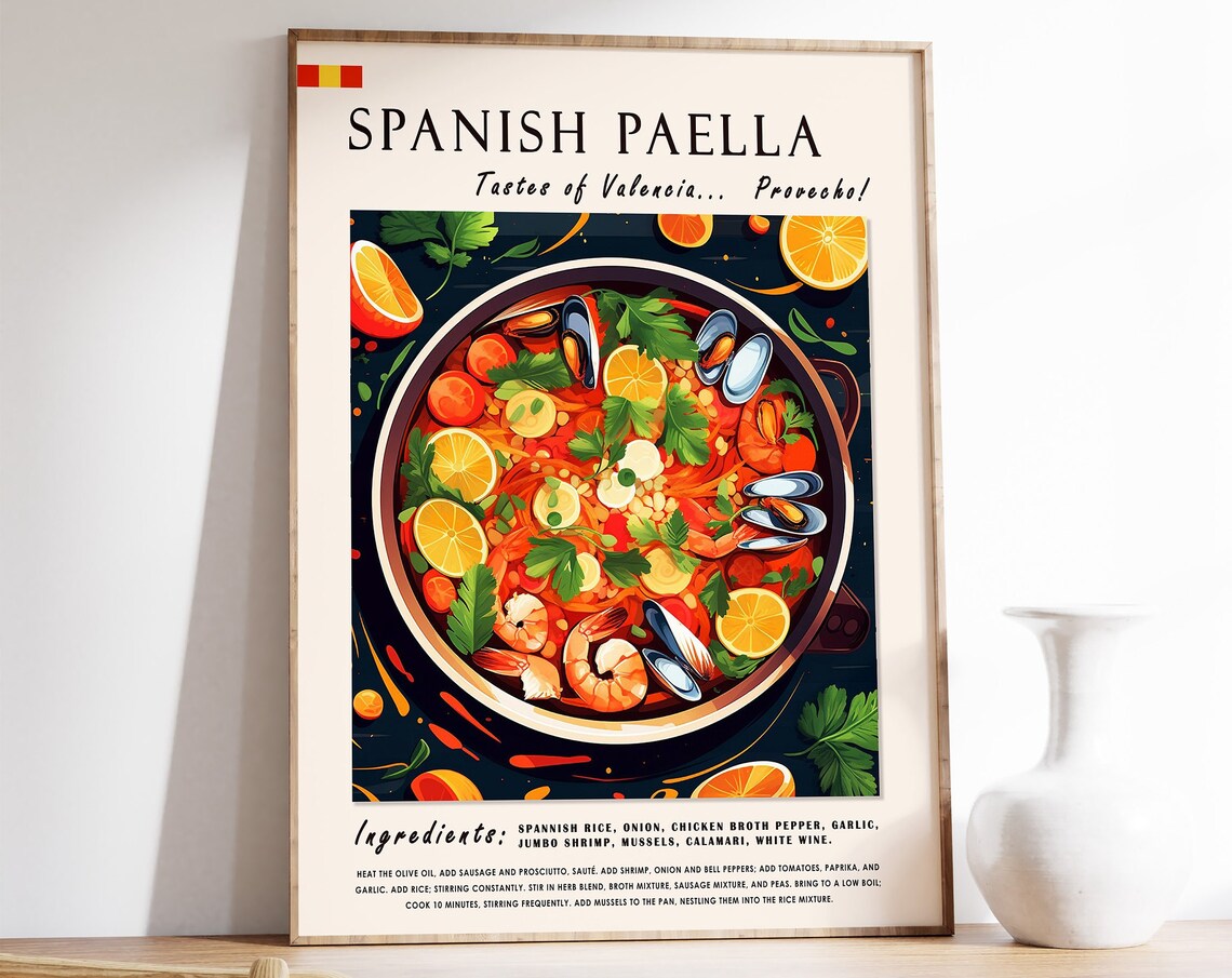 Spanish Paella Food Poster, Retro Kitchen Decor