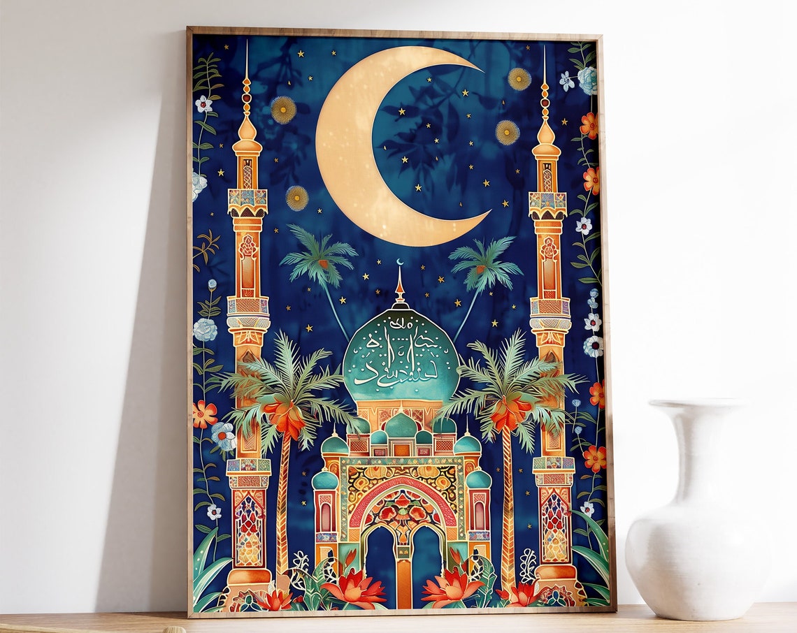 Golden Mosque and Minarets Under Crescent Moon Night Sky Poster