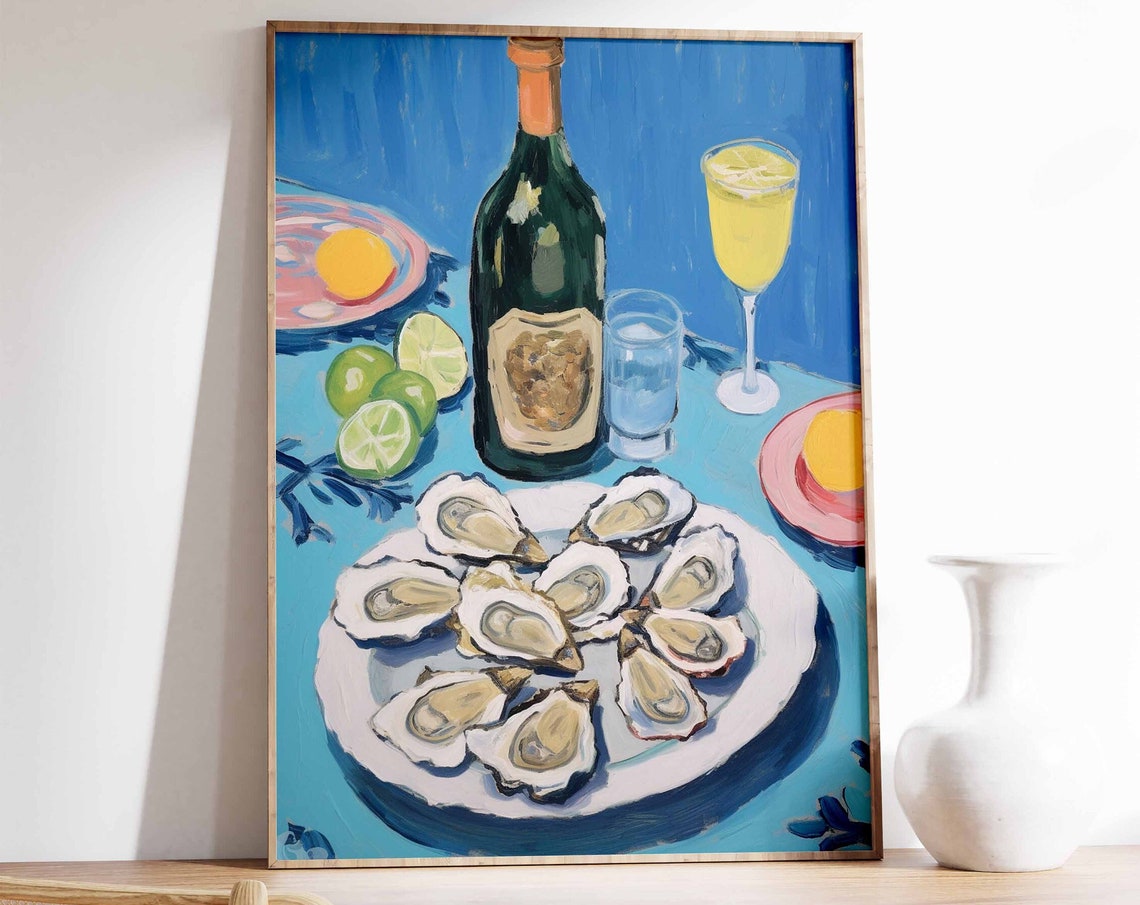 Oyster And Wine Feast Painterly Blue Table Still Life Food Poster