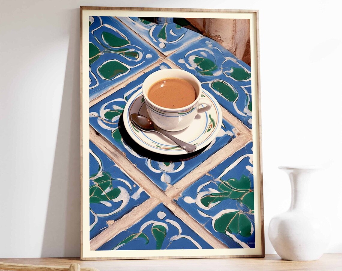 Moroccan Coffee Cup On Blue Hand Painted Vintage Zellige Tile Poster