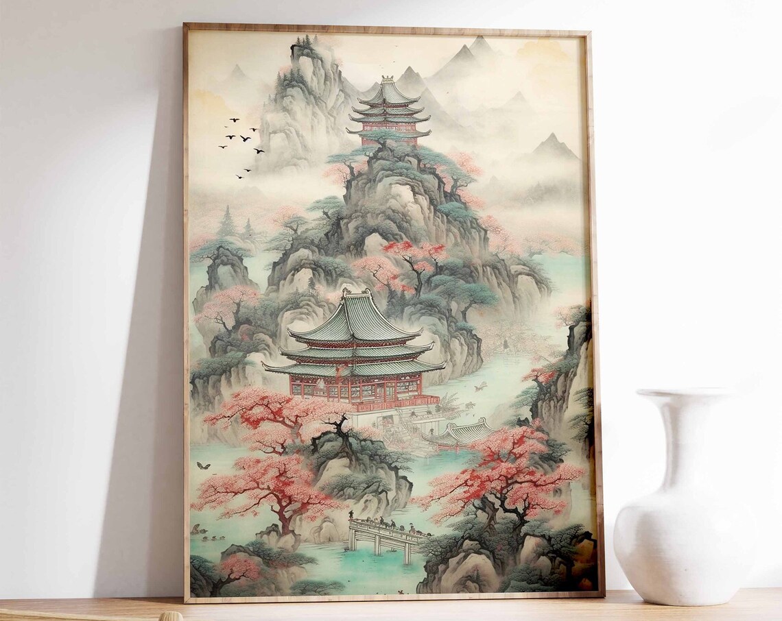 Chinese Vintage Art Print, Oriental Landscape