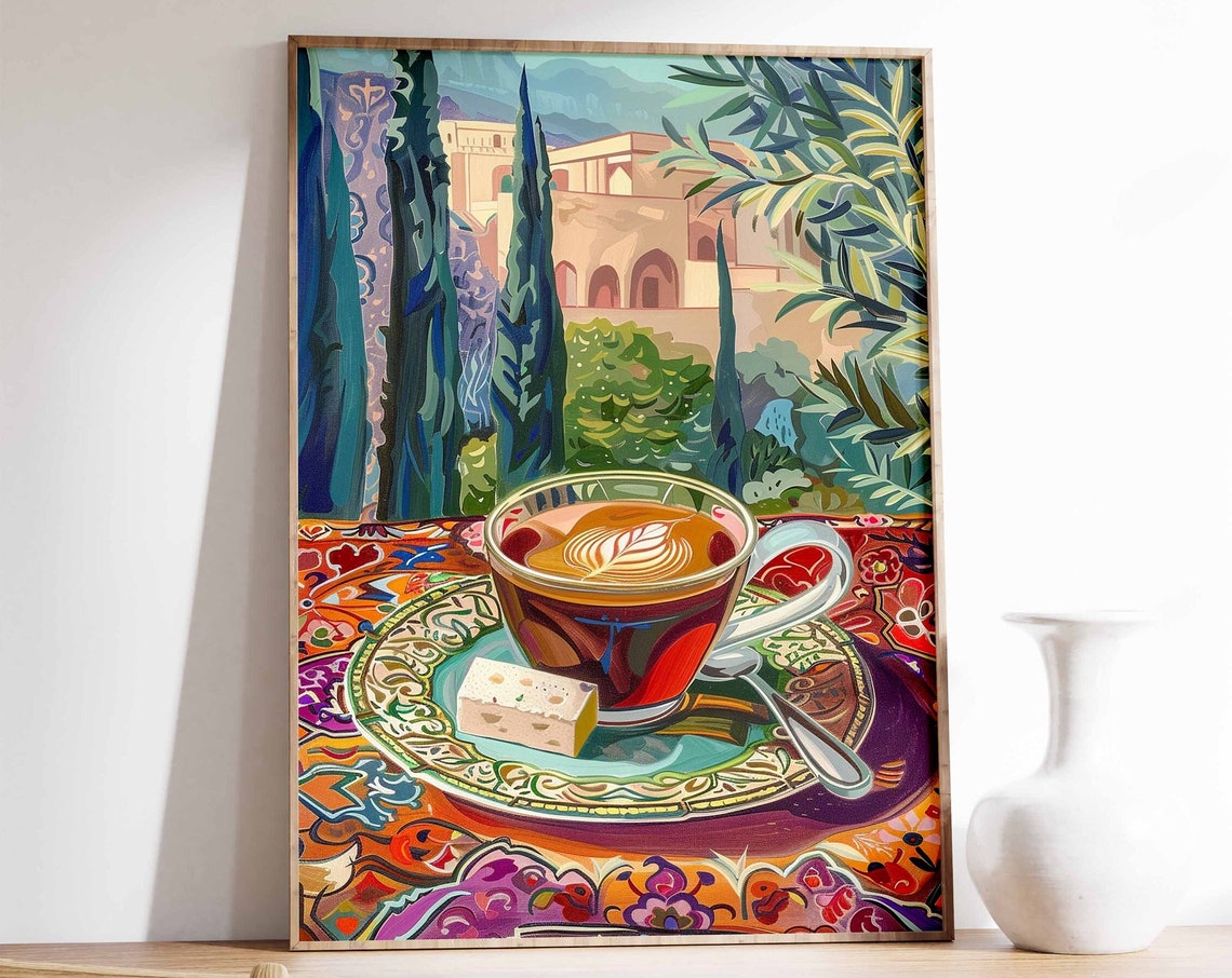 Arabic Tea Glass Art Poster Middle Eastern Cypress Courtyard Kitchen